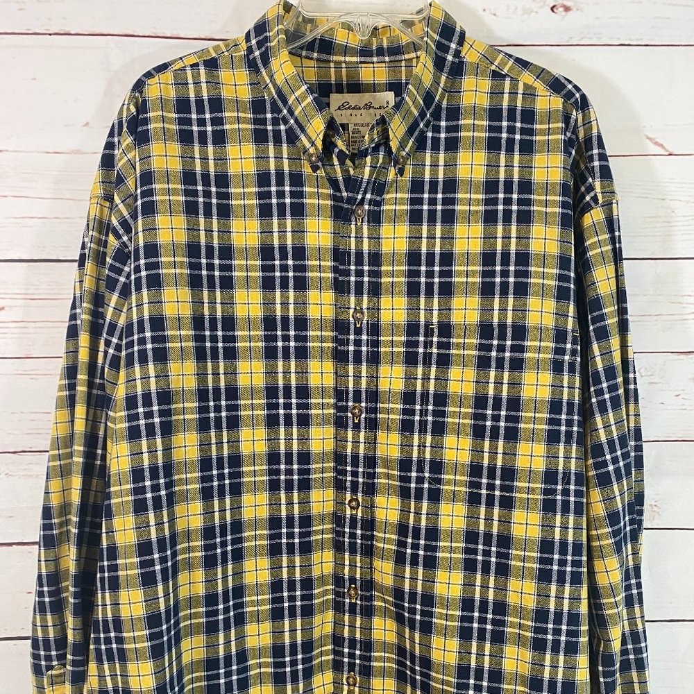 SOLD Eddie Bauer Black & Yellow Plaid Flannel Long Sleeve Shirt NWOT - Picture 1 of 14